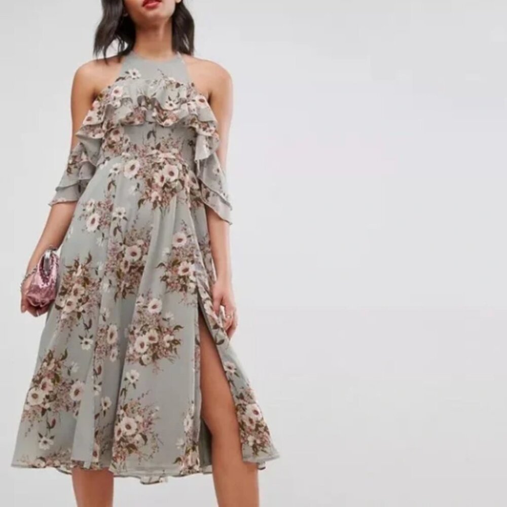 Ruffle Off Shoulder Midi Dress in Floral Print
